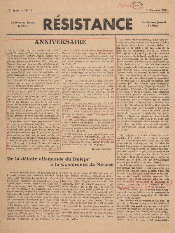 Газета Resistancе («Сопротивление»). Орган движения Сопротивления. Париж, 5 ноября 1943 г. № 19. Нелегальное издание.